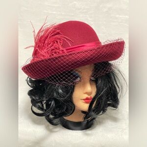 Vintage Mr Charles Red Feather Wool Hat fascinator Sunday best